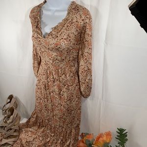 🔥Tan taupe floral long sleeve maxi dress pink red